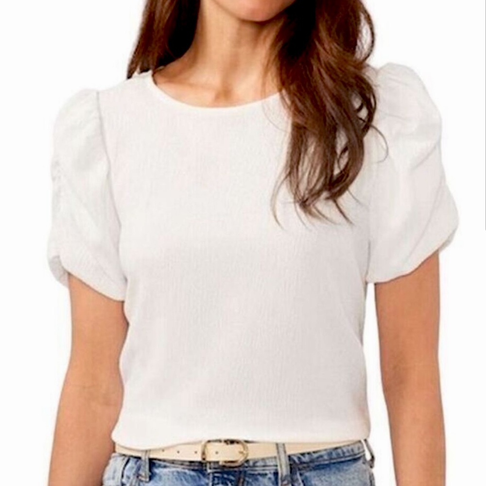 NWT Vince Camuto Puffed Short Sleeve Textured Blouse Ivory White Crew Top